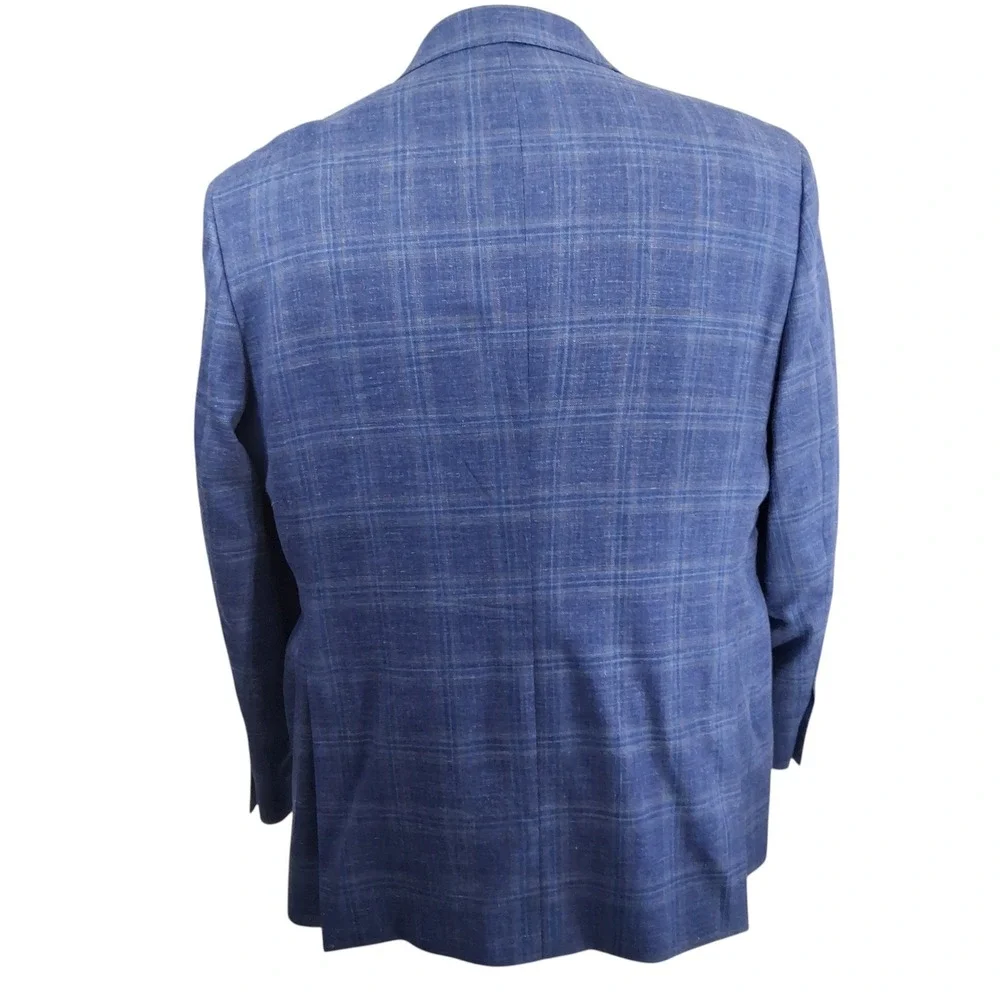 Joseph Abboud Sport Coat Mens 48 Long Blue Plaid Wool Silk Linen Classic Fit